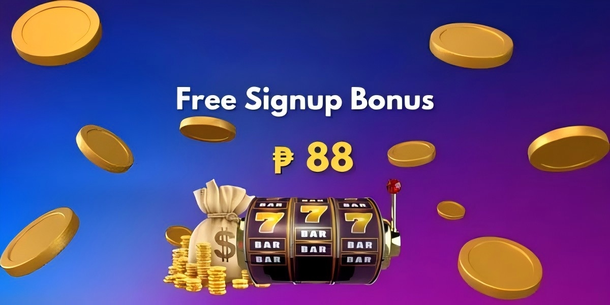 Binggo Plus banner with a free 88 peso signup bonus beside a 777 slot machine, money bag and gold coins on a blue to purple gradient