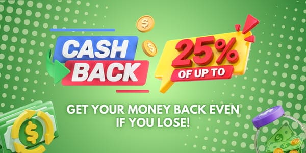 Cash back banner promising 25 percent money-back rewards with blue and red 3D lettering on a green background with coins and cash