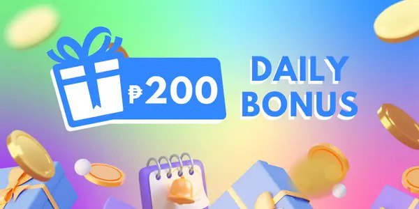 Daily bonus banner showing a 200 peso gift box with gold coins, a calendar and a bell on a pastel pink, blue and yellow gradient